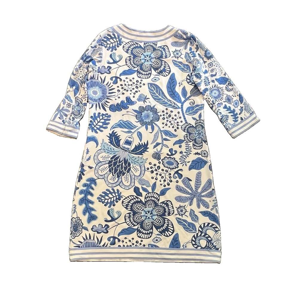 Gretchen Scott Blue White Shift Dress Knit Resort Preppy Size Medium Floral - Picture 2 of 6